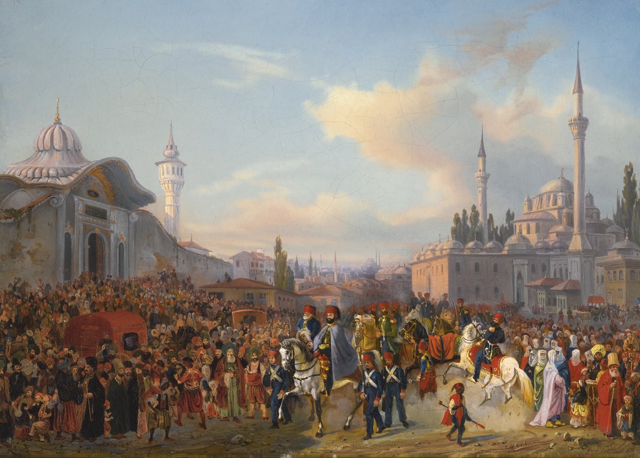 सुल्तान महमूद II ने द बैज़ीड मस्जिद, कॉन्स्टेंटिनोपल, 1837 को छोड़ दिया द्वारा ऑगस्टे एटिने फ्रेंकोइस मेयर