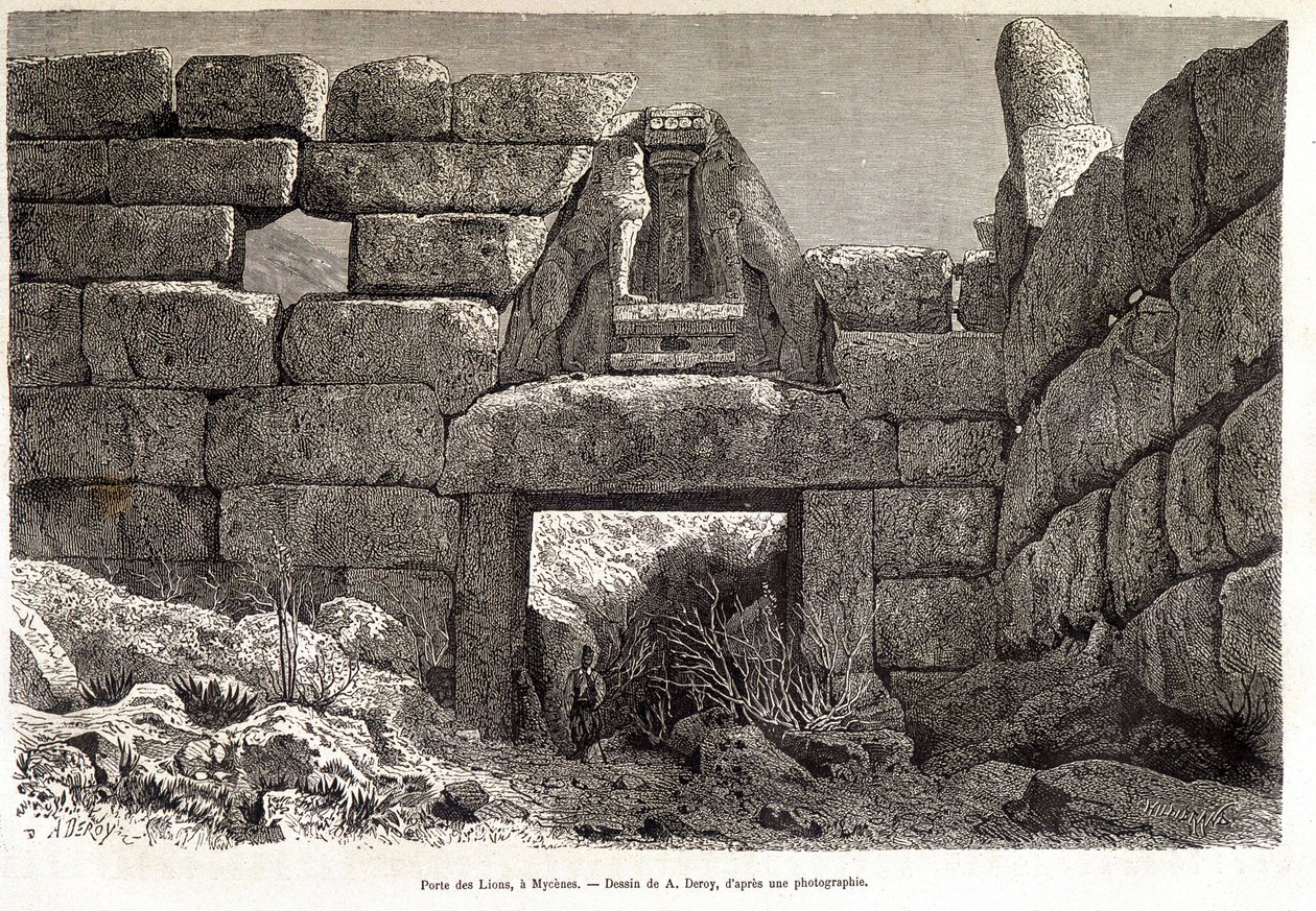 Mycenae में शेरों का गेट - ए। डेरॉय द्वारा ड्राइंग, "" राउंड द वर्ल्ड" में 1877 दूसरा सेमेस्टर द्वारा अगस्टे विक्टर डेरॉय