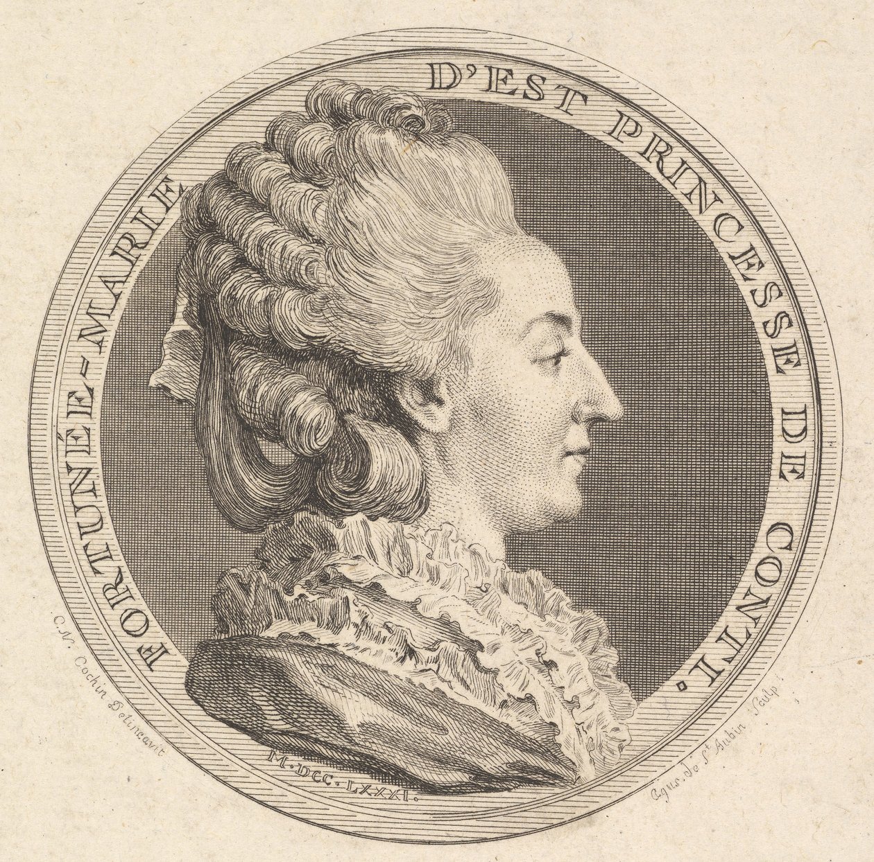 Fortunée-Marie dEst की एक पोर्ट्रेट मेडल, प्रिंसेस डे कोंटी, 1781 का प्रिंट। द्वारा ऑगस्टिन डी सेंट औबिन