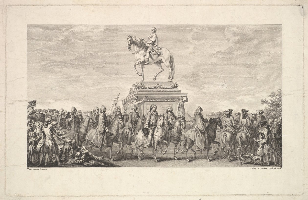 लुईस XV की प्रतिमा का उद्घाटन, पृष्ठ 1 पर विगनेट, विवरण डेस ट्रावे से ..., 1766। द्वारा ऑगस्टिन डी सेंट औबिन
