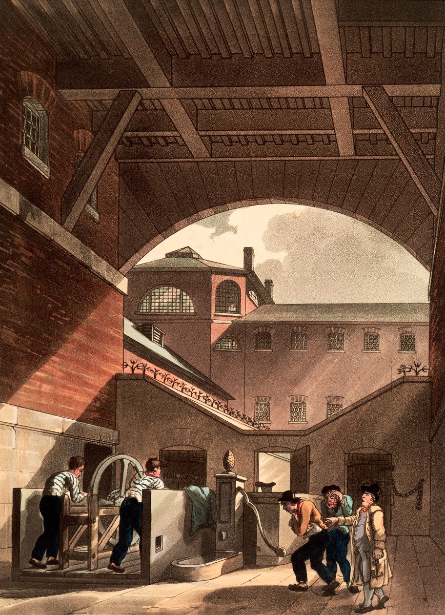कोल्ड बाथ फील्ड्स जेल, लंदन, 1808 में जल इंजन द्वारा ऑगस्टस चार्ल्स पुगिन, थॉमस रोलैंडसन