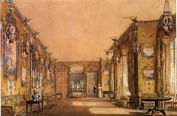 ब्राइटन पवेलियन में येलो ड्रॉइंग रूम का इंटीरियर, c.1820 (कागज पर वॉटरकलर और गौचे) द्वारा ऑगस्टस चार्ल्स पुगिन