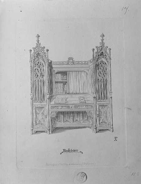 गॉथिक बुककेस के लिए डिज़ाइन, c.1835 द्वारा ऑगस्टस वेल्बी नॉर्थमोर पुगिन