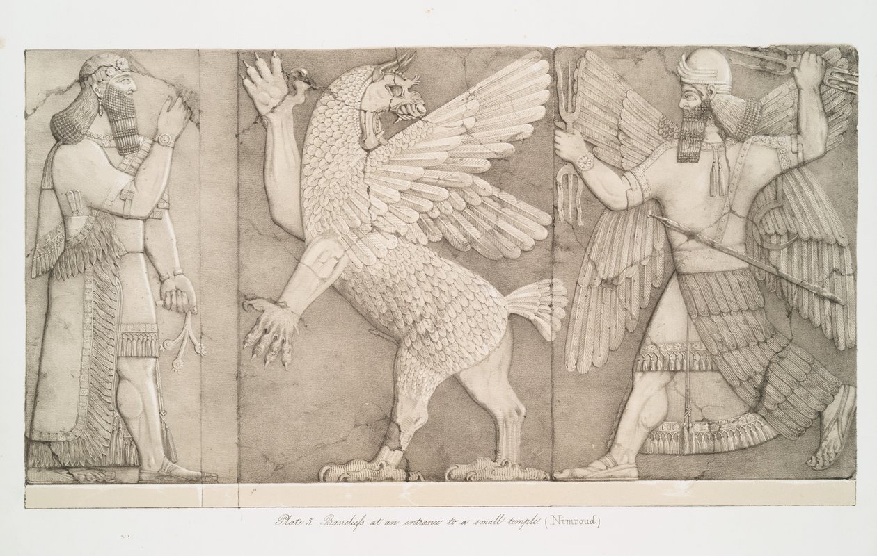 निम्रोड [कैलाह], 1853 में एक छोटे से मंदिर के प्रवेश द्वार पर बास-राहत द्वारा ऑस्टेन हेनरी लेयर्ड