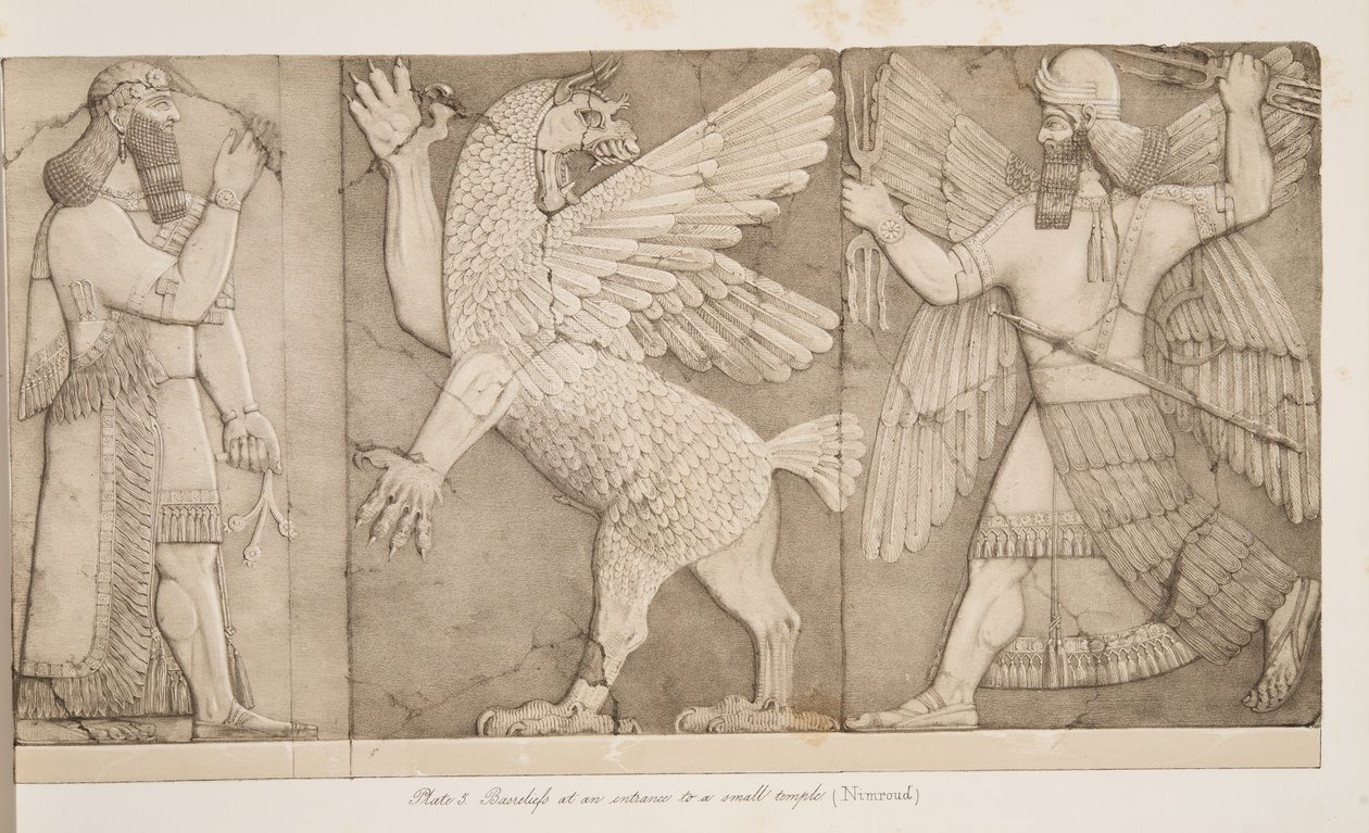 नीनवे के स्मारकों, पब के एक छोटे से मंदिर (निम्रॉड) के प्रवेश द्वार पर स्थित है। 1849 द्वारा ऑस्टेन हेनरी लेयर्ड