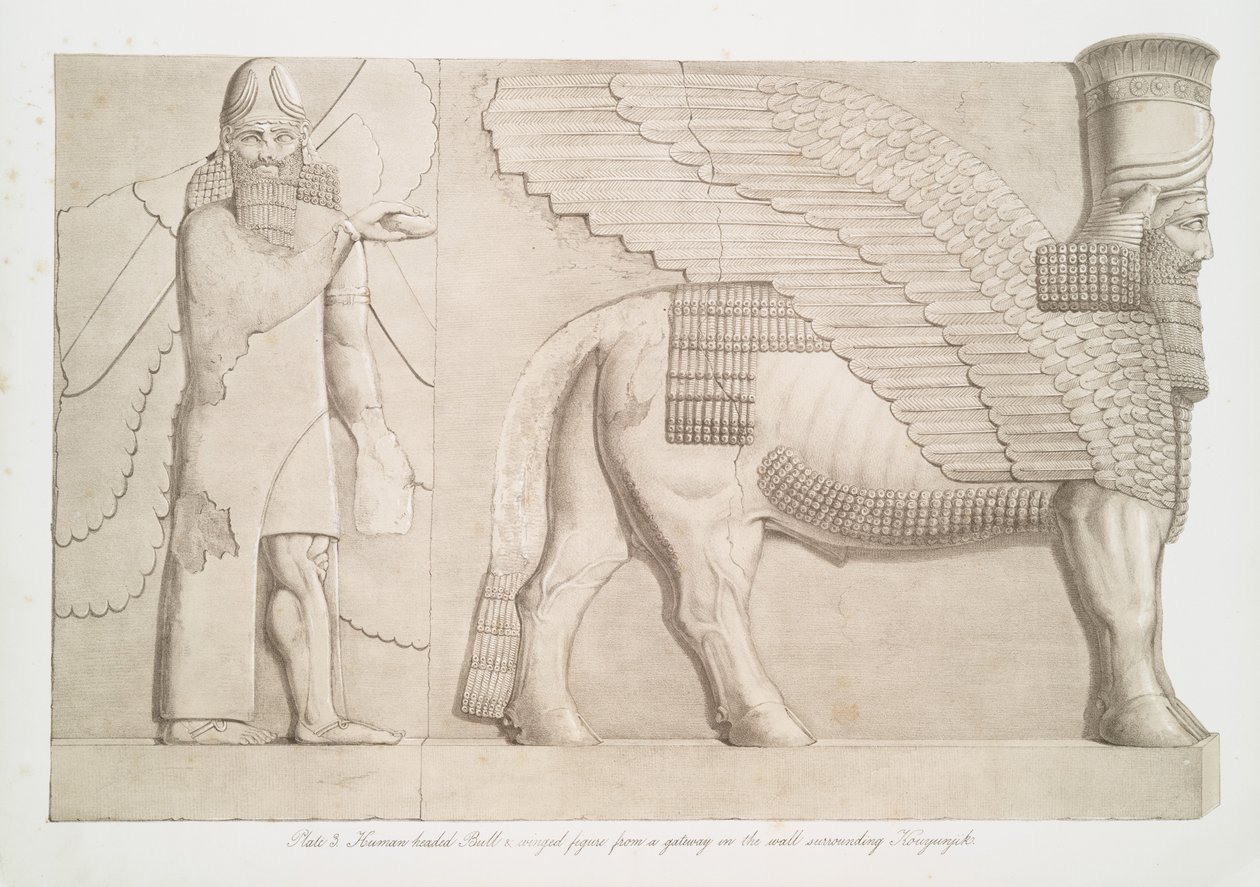 कॉउयुनजिक [क्विंयजिक], 1853 के आसपास की दीवार में एक गेटवे से मानव-निर्मित बैल और पंखों वाला चित्र द्वारा ऑस्टेन हेनरी लेयर्ड