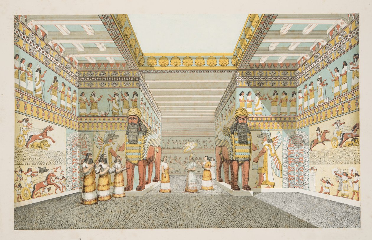नीनवे के स्मारकों, पब से, एक असीरियन महल के हॉल का पुनर्निर्माण। 1849 (हाथ के रंग का उत्कीर्णन) द्वारा ऑस्टेन हेनरी लेयर्ड