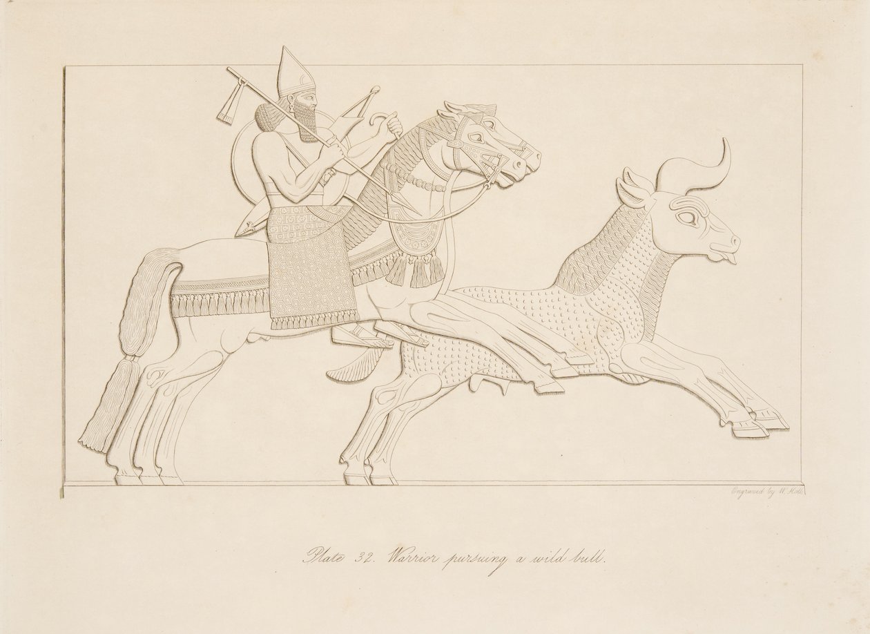 एक जंगली बैल का पीछा करते योद्धा, नीनवे के स्मारकों से, पब। 1849 द्वारा ऑस्टेन हेनरी लेयर्ड