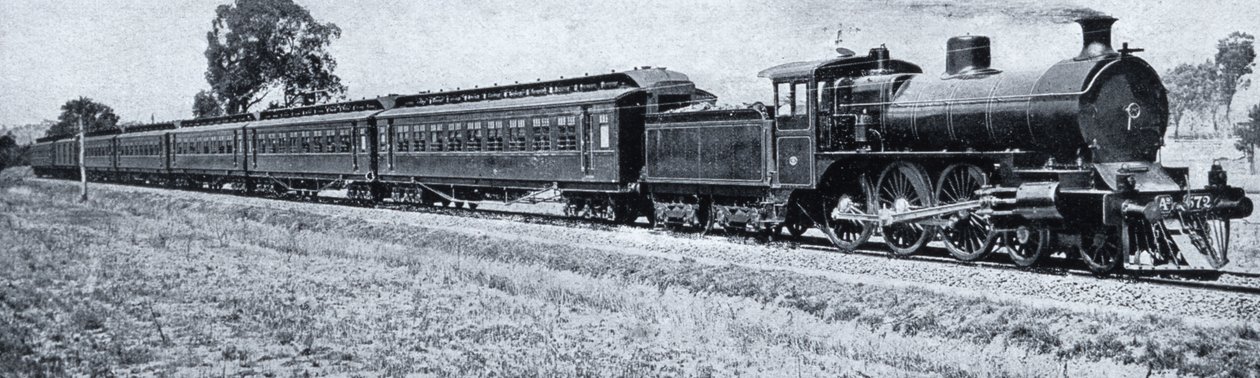 मेलबर्न-सिडनी एक्सप्रेस, c.1900, `अंडर द सदर्न क्रॉस - ग्लिम्पेस ऑफ़ ऑस्ट्रेलिया, विदेश विभाग द्वारा प्रकाशित, मेलबर्न, 1908 द्वारा ऑस्ट्रेलियाई फोटोग्राफर