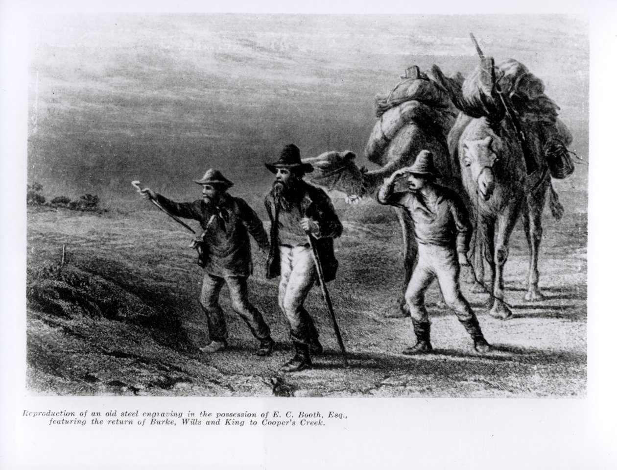 बर्क की वापसी, विल्स, और किंग टू कूपर क्रीक, 1 मार्च 1838 (स्टील उत्कीर्णन) द्वारा ऑस्ट्रेलियाई स्कूल