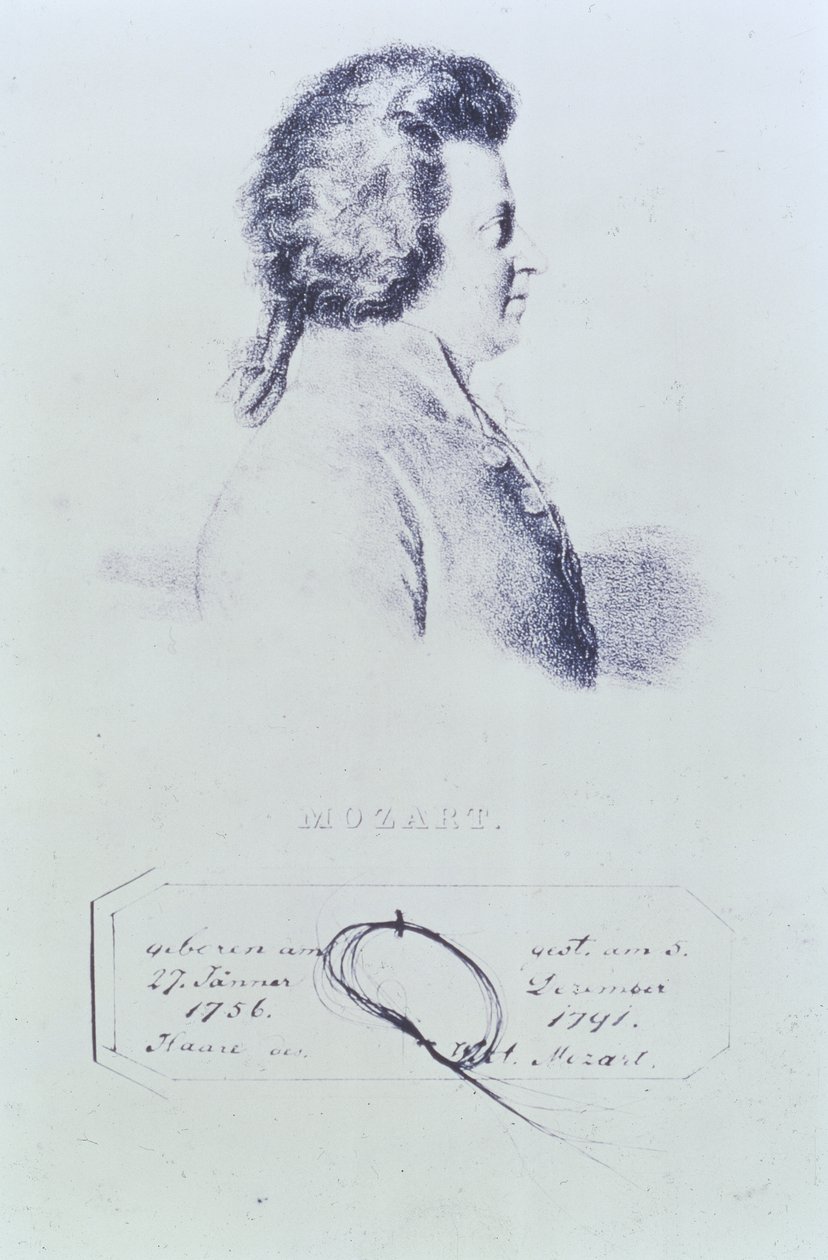 वोल्फगैंग एमेडस मोजार्ट (1756-91) का पोर्ट्रेट नीचे दिए गए बालों के एक लॉक के साथ द्वारा ऑस्ट्रियाई स्कूल