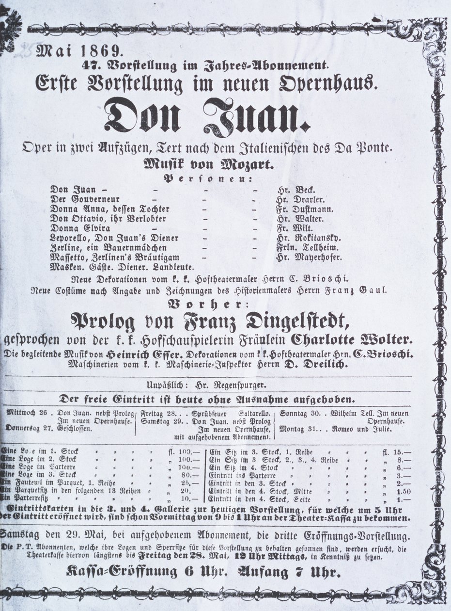वोल्फगैंग एमेडस मोजार्ट (1756-91) मई 1869 द्वारा &39;डॉन जुआन&39; (डॉन जियोवानी) के प्रदर्शन का पोस्टर विज्ञापन द्वारा ऑस्ट्रियाई स्कूल