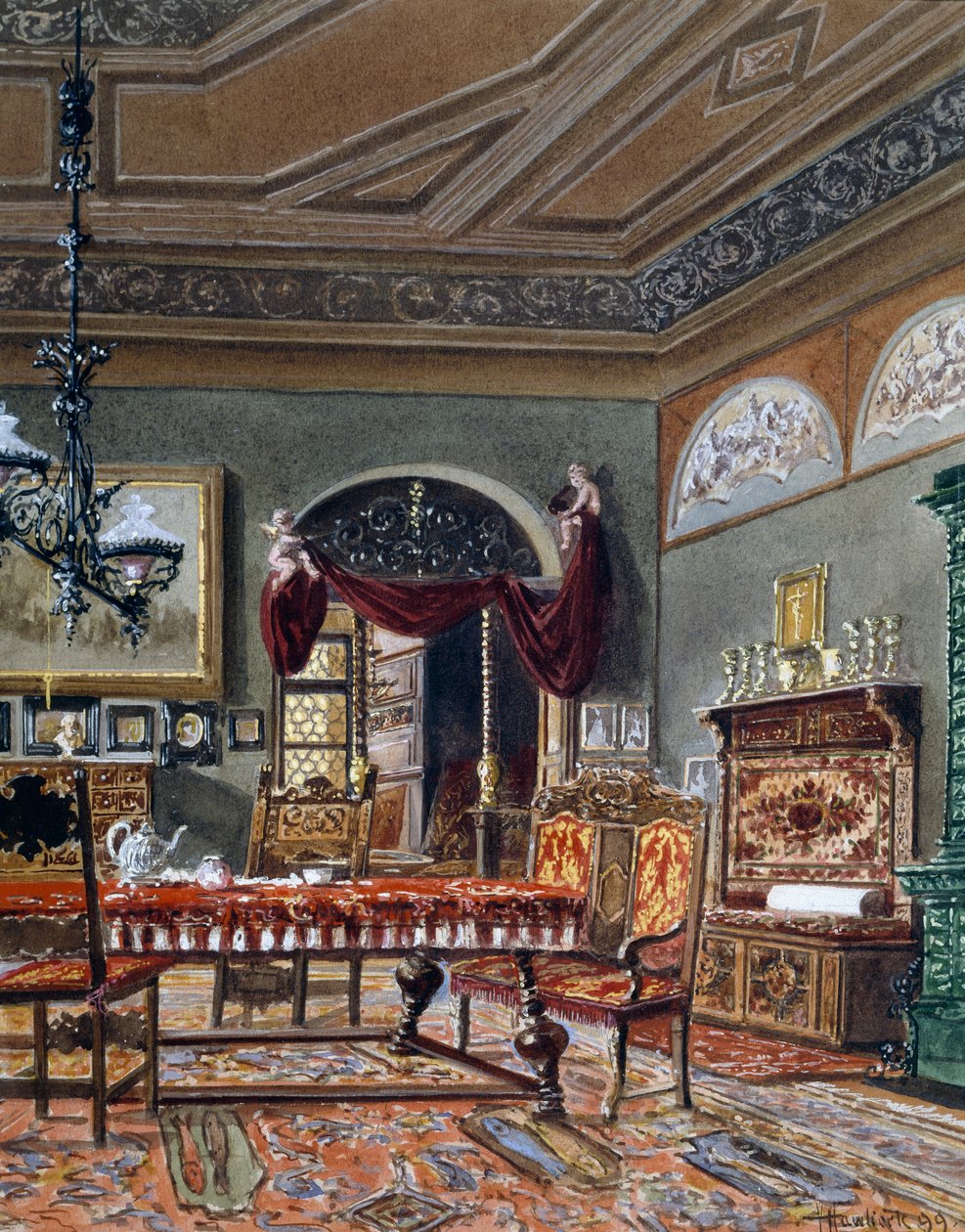 Biedermeier स्टाइल हॉल, वॉटरकलर, ऑस्ट्रिया द्वारा ऑस्ट्रियाई स्कूल