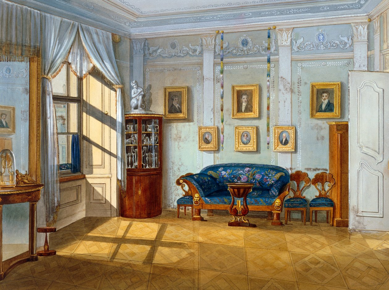 Biedermeier स्टाइल पार्लर, सीए 1830, वॉटरकलर, ऑस्ट्रिया द्वारा ऑस्ट्रियाई स्कूल