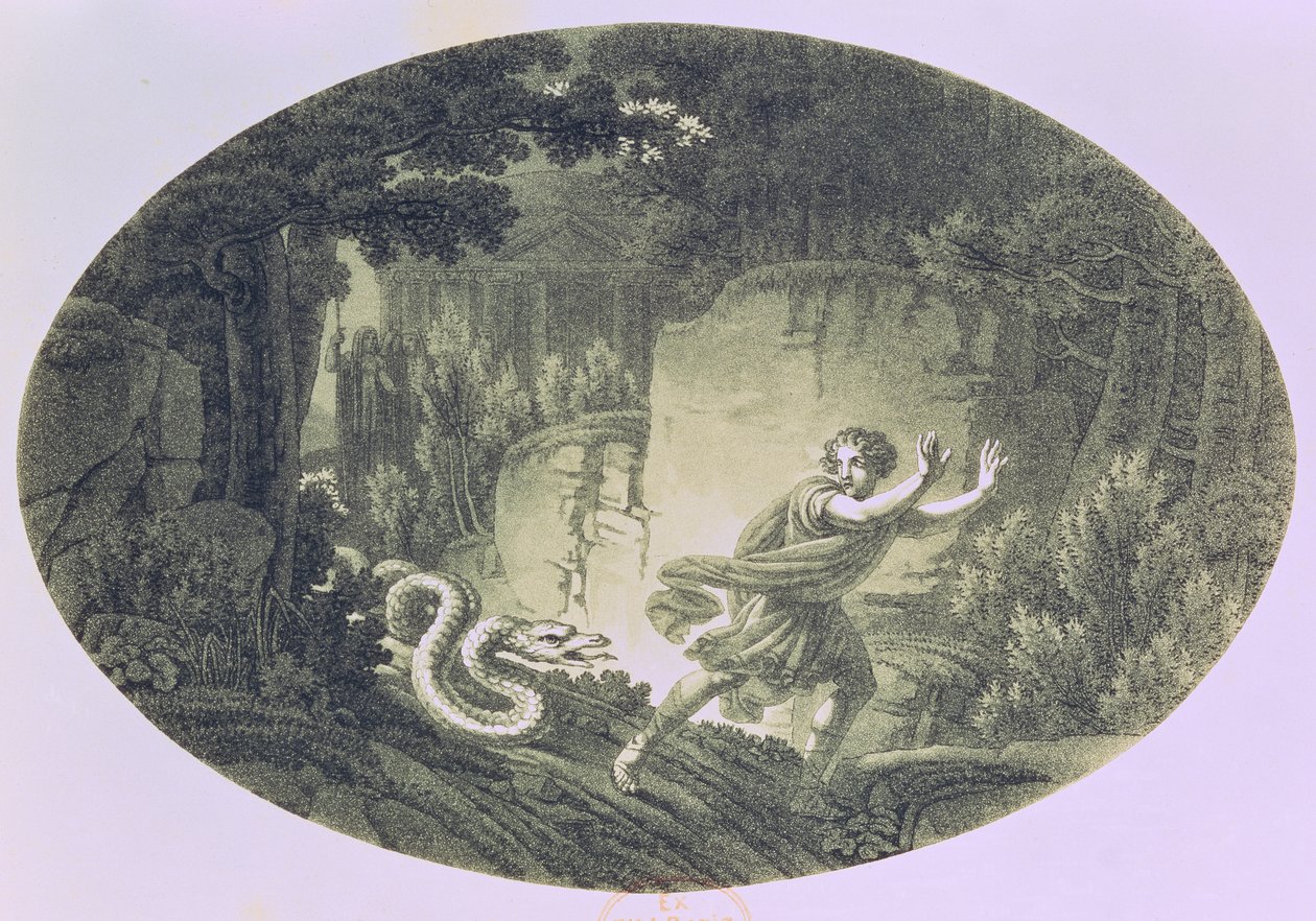 टैमिनो ने एक विशाल नागिन द्वारा पीछा किया, वुल्फगैंग अमाडेस मोजार्ट (1756-91) द्वारा &39;द मैजिक फ्लूट&39; से एक्ट आई सीन द्वारा ऑस्ट्रियाई स्कूल