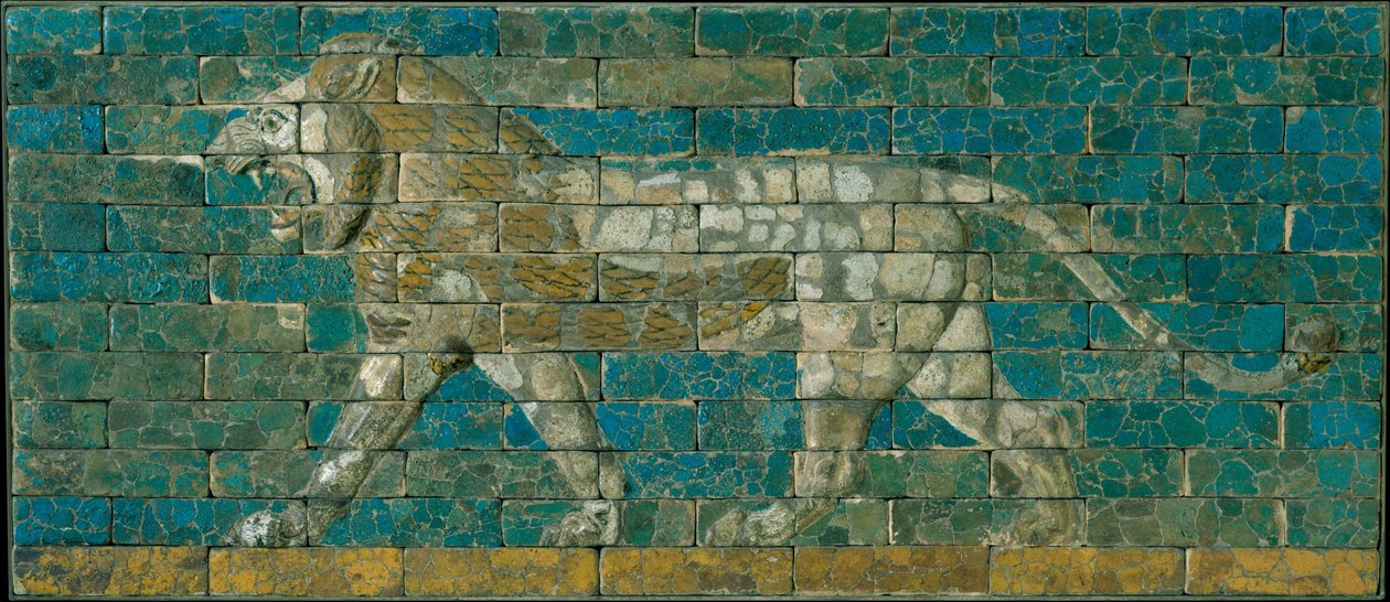 शेर के साथ पैनल, c.600-575 ईसा पूर्व (चमकता हुआ सिरेमिक) द्वारा बेबीलोन