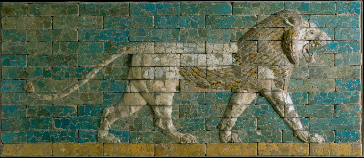 शेर के साथ पैनल, c.600-575 ईसा पूर्व (चमकता हुआ सिरेमिक) द्वारा बेबीलोन