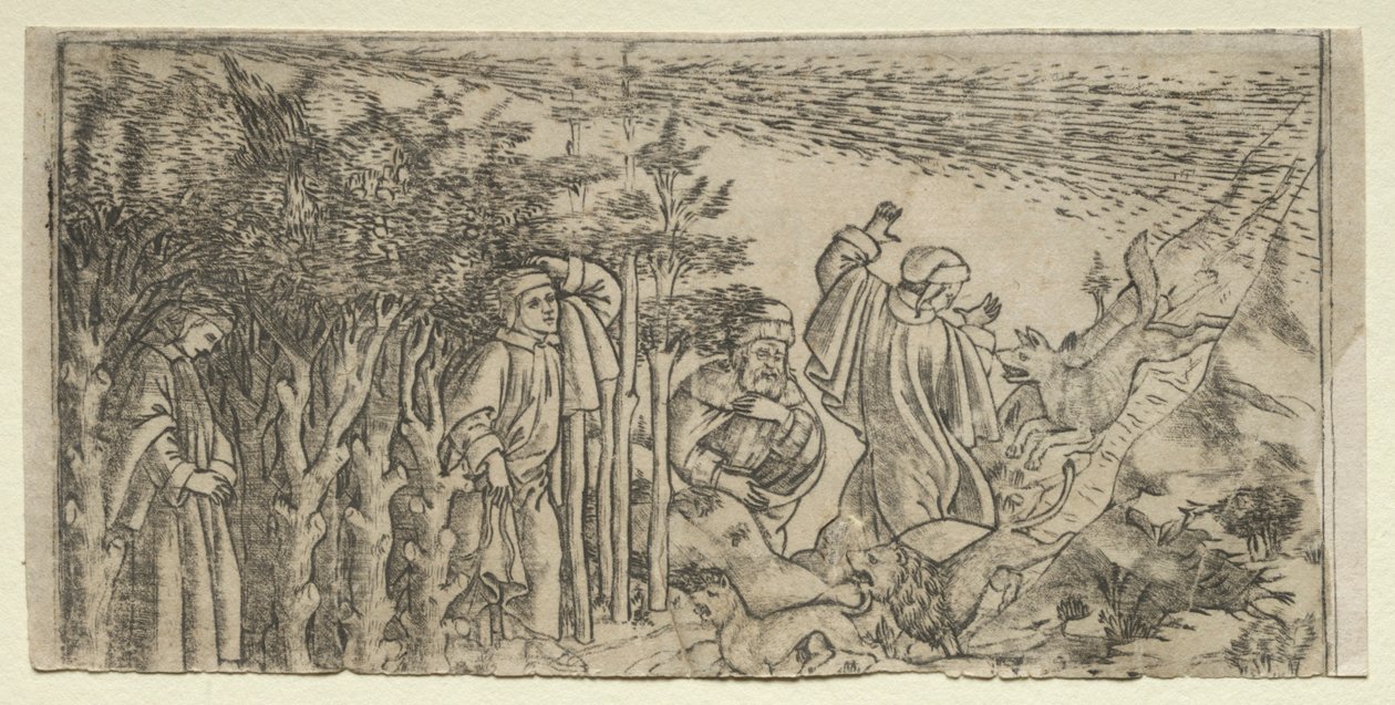 दांते लॉस्ट इन द वुड: एस्कॉरिंग एंड मीटिंग विर्गिल, कैंटो आई, 1481। द्वारा बाकियो बाल्डिनी