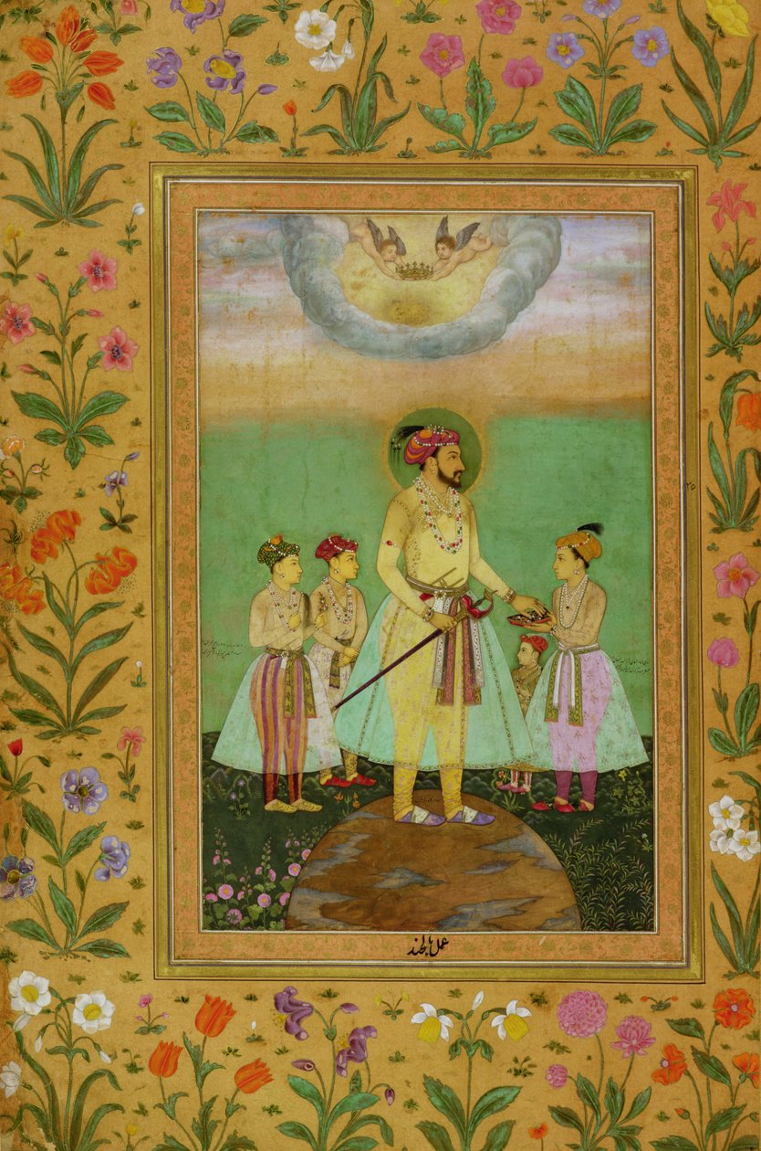 शाहजहाँ (1592-1666) मिंटो एल्बम से अपने चार बच्चों से घिरे एक बड़े ग्लोब पर खड़ा है द्वारा Balchand