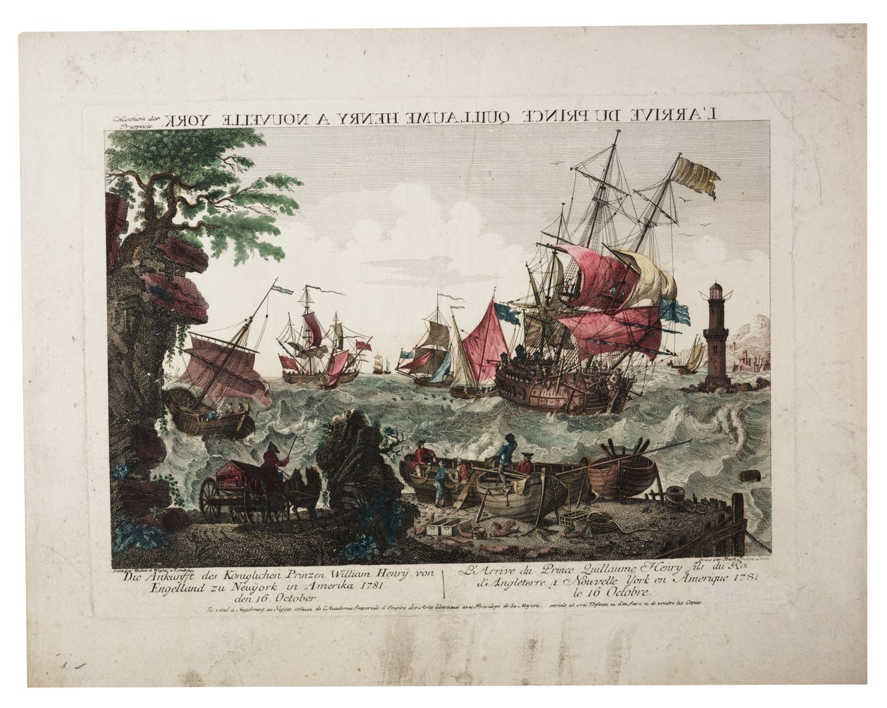 प्रिंस विलियम हेनरी का न्यूयॉर्क में आगमन, c.1781 (हाथ से रंग की नक्काशी) द्वारा बल्थासर फ्रेडरिक लीजेल