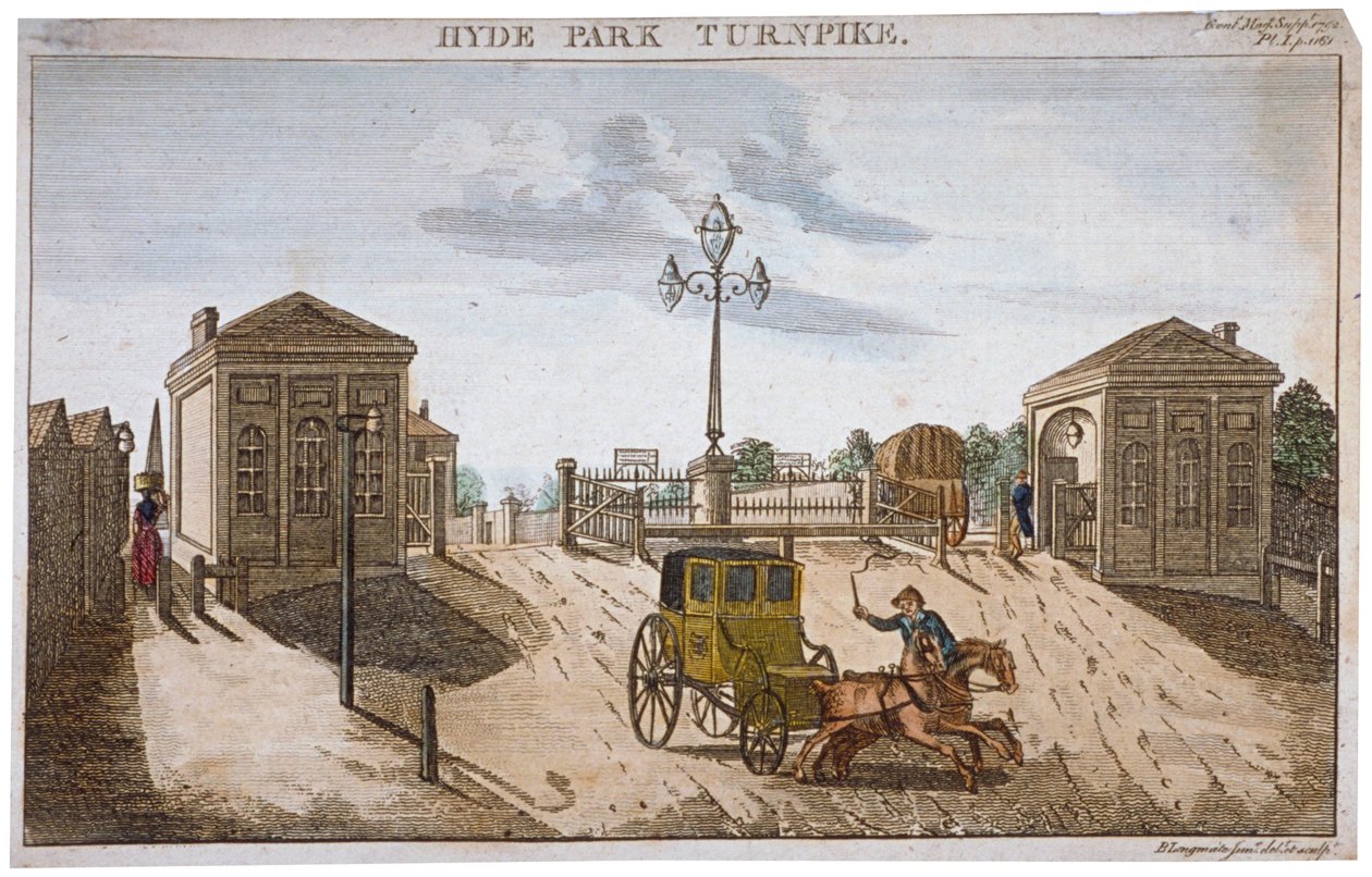 हाइड पार्क कॉर्नर टर्नपाइक, वेस्टमिंस्टर, लंदन, 1792 का दृश्य। द्वारा बराक लॉन्गमेट जूनियर