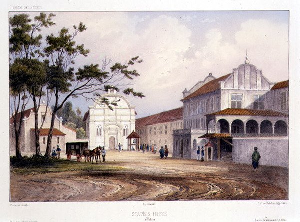 मलक्का में स्टेट हाउस, अल्फ्रेड लियोन लेमर्सीर द्वारा उकेरा गया, c.1840 (हाथ से रंग का लिथो) द्वारा बार्थेलेमी (बाद में) लौवेर्गने