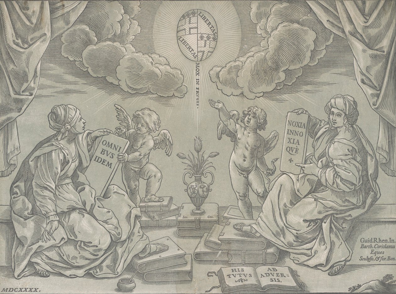 एक थीसिस का रूपक, दो महिलाएं खुदी हुई गोलियाँ, 1640 रखती हैं। द्वारा बार्टोलोमो कोरिओलानो