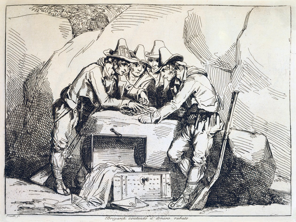 डाकुओं का समूह, बार्टोलोमो पिनेली (1781-1835) द्वारा, उत्कीर्णन द्वारा बार्टोलोमो पिनेली