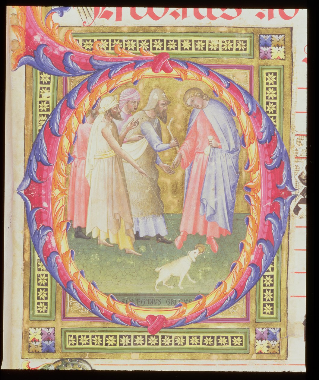 सुश्री 518 f.1r हिस्टोरिअट प्रारंभिक ओ टोबियास और एंजेल का चित्रण द्वारा बार्टोलोमो डि फ्रुशिनो