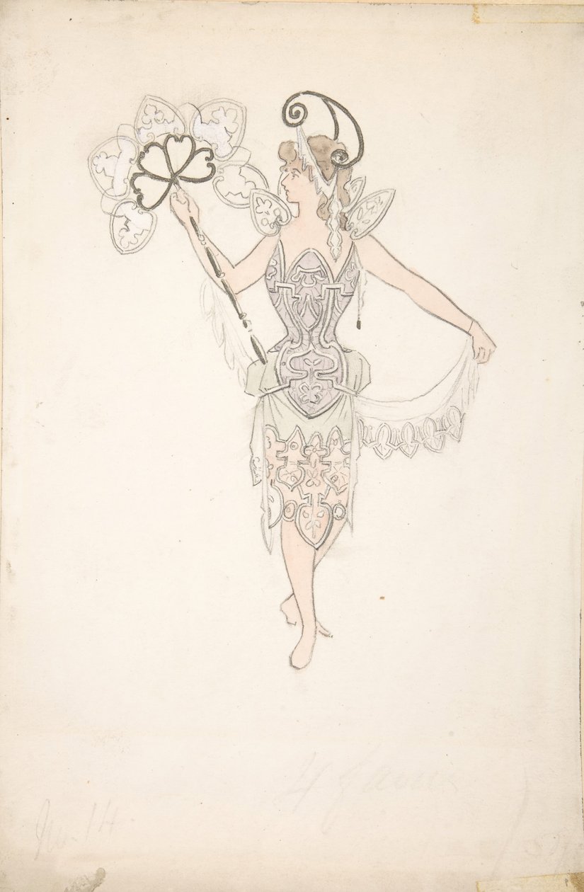 एक पंखे वाली महिला के लिए पोशाक डिजाइन, 1890-99। द्वारा तुलसी क्रेज