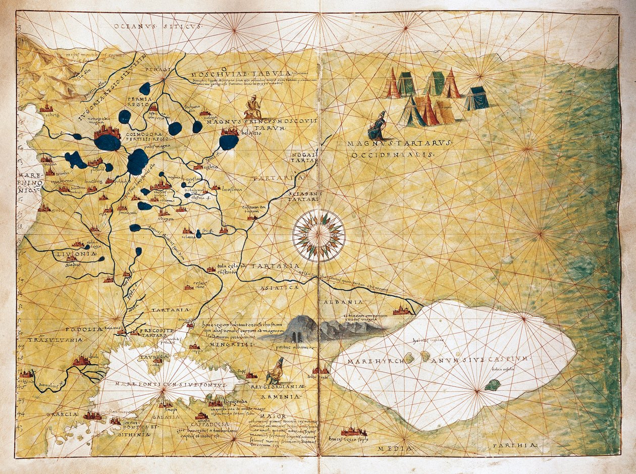 Moschoviae Tabula, वोल्गा नदी के किनारे रूस और यूरोपीय शहरों का नक्शा द्वारा बतिस्ता एग्नेस
