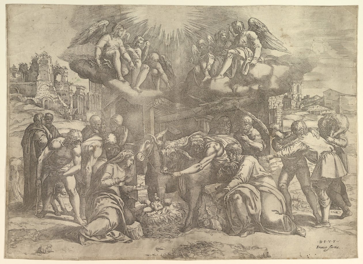 उपरि स्वर्गदूतों के साथ चरवाहों की आराधना, सीए। 1530-61। द्वारा बतिस्ता फ्रेंको वेनेज़ियानो