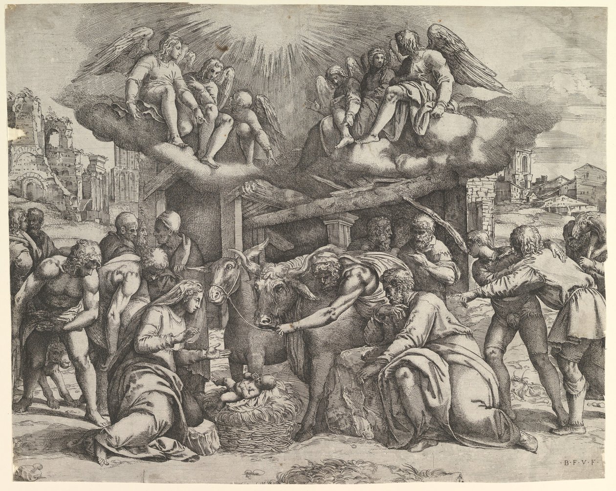 उपरि स्वर्गदूतों के साथ चरवाहों की आराधना, सीए। 1530-61। द्वारा बतिस्ता फ्रेंको वेनेज़ियानो