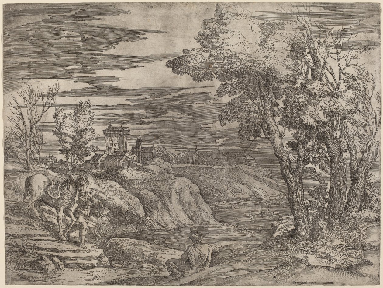 घोड़े का नेतृत्व कर रहे एक आदमी के साथ लैंडस्केप द्वारा Titian . के बाद बतिस्ता फ्रेंको