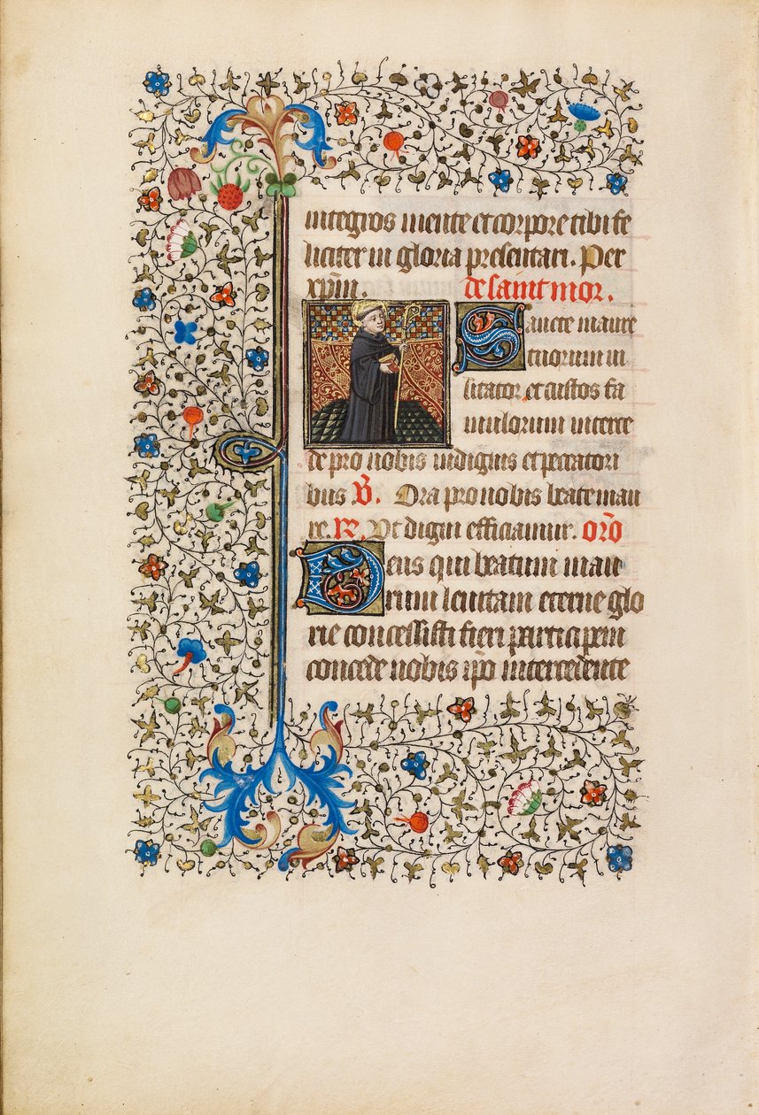 एबोट मौरस एक स्टाफ और एक पुस्तक के साथ, c.1440-50 (स्वभाव, सोने की पत्ती, पेंट और स्याही चर्मपत्र पर) द्वारा बेडफोर्ड मास्टर कार्यशाला