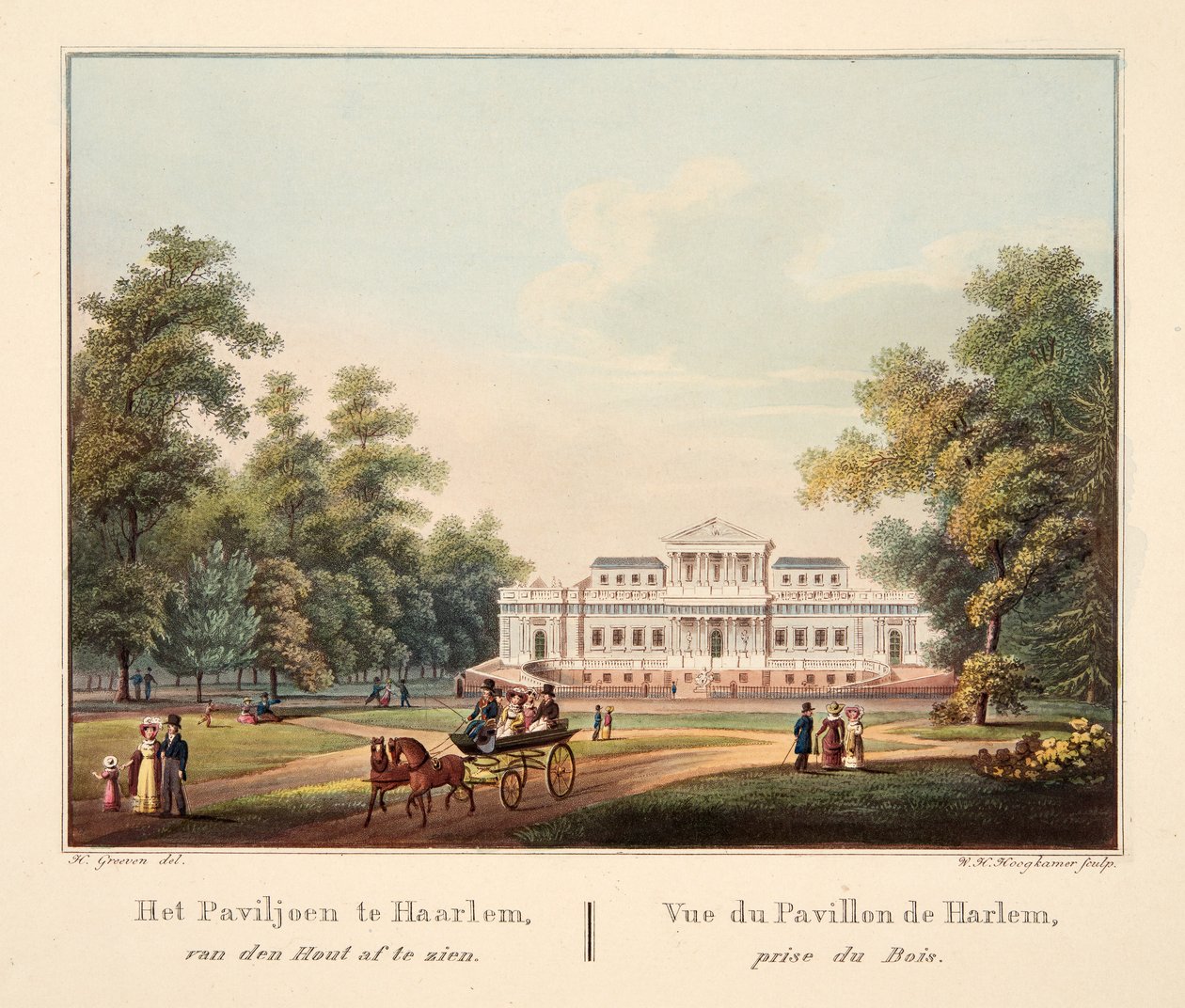Jaarlem में मंडप, वैन अड्डा Hout को देखने के लिए। Vue du Pavillon de Harlem, पुरस्कार डु बोइस, 1825 (हाथ से रंग उत्कीर्णन) द्वारा बेंड्रिक यूनानी