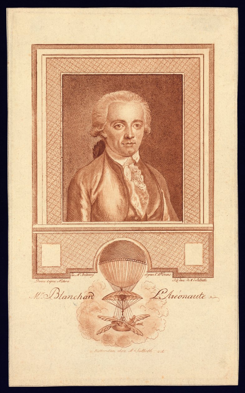 मि। ब्लैंचर्ड, एरोनॉट, c.1780-1800 स्टिपल उत्कीर्णन द्वारा बेंजामिन सैमुअल बोलोमी