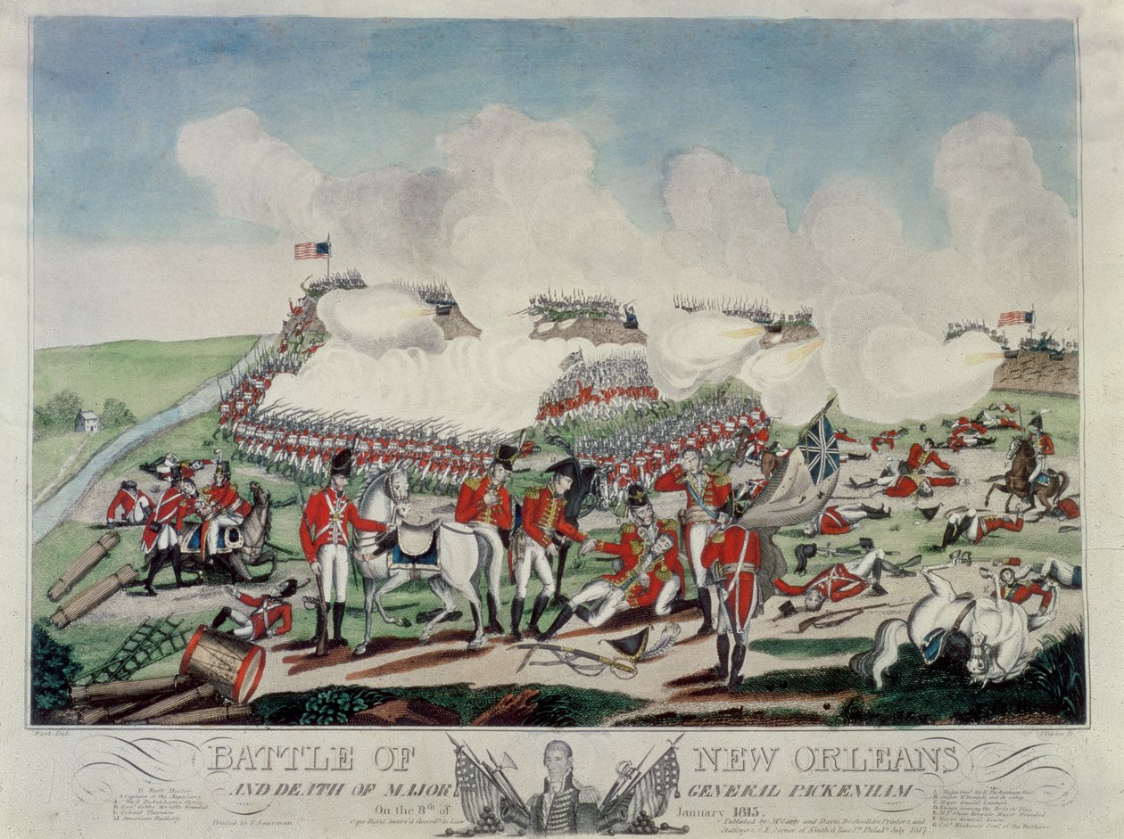 8 जनवरी, 1815 को न्यू ऑरलियन्स और मेजर जनरल पैकेनहैम की लड़ाई, जे। येजर द्वारा उत्कीर्ण, मैककार्ली डेविस, 1817 द्वारा प्रकाशित द्वारा बेंजामिन पश्चिम