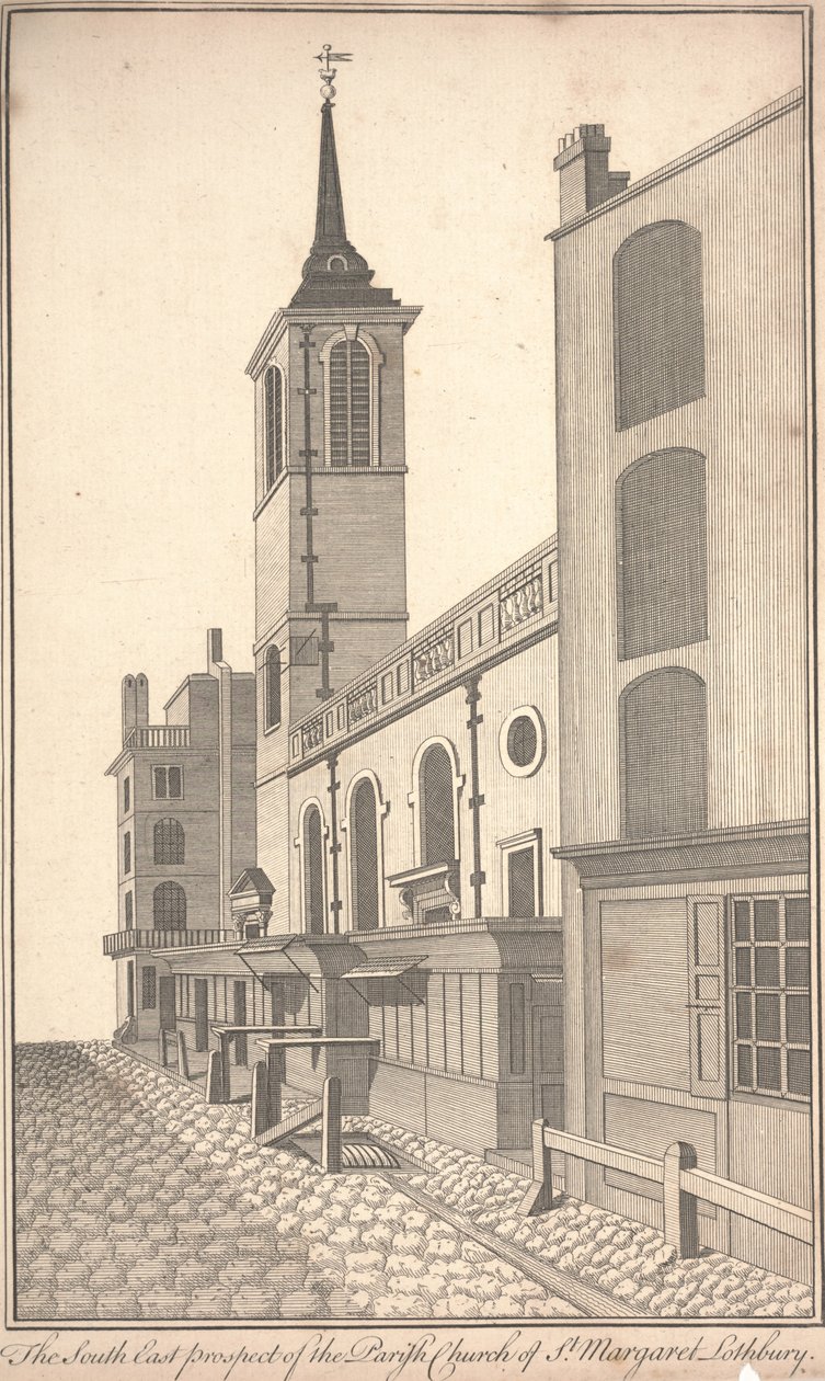 सेंट मार्गरेट लोथबरी के पैरिश चर्च की दक्षिण पूर्व संभावना, c.1750 (उत्कीर्णन) द्वारा बेंजामिन कोल