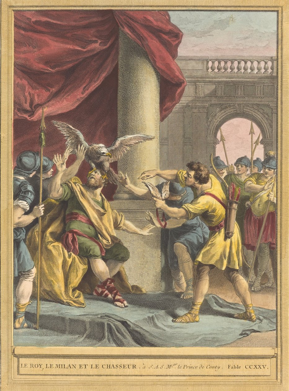 द किंग, द काइट एंड द हंटर द किंग, द काइट एंड द हंटर, 1759 में प्रकाशित हुआ। द्वारा बेनोइट लुई प्रीवोस्ट