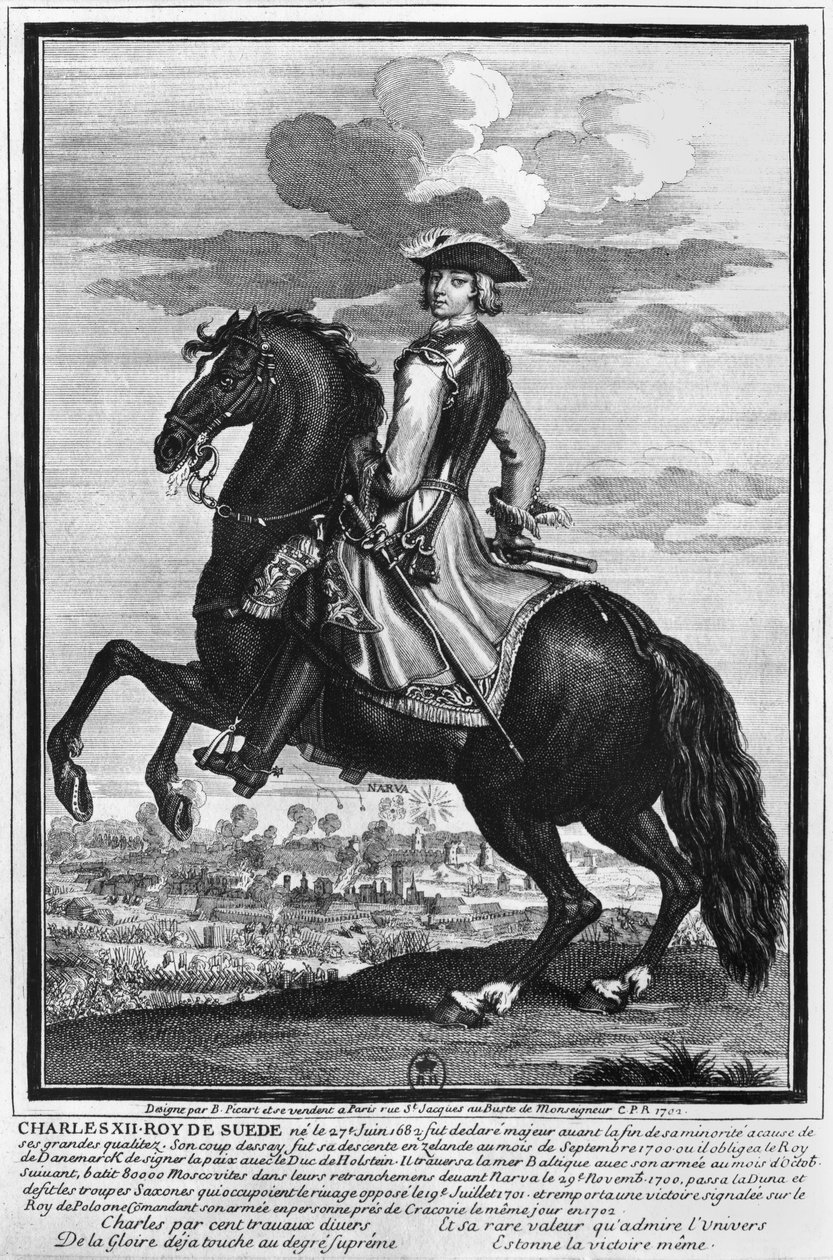 स्वीडन के राजा चार्ल्स बारहवीं (1682-1718), घोड़े की पीठ पर 1702 द्वारा बर्नार्ड पिकार्ट