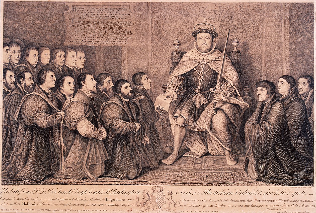किंग हेनरी VIII घुटने टेकने वाले आंकड़ों से घिरा हुआ, 1736 द्वारा बर्नार्ड बैरन