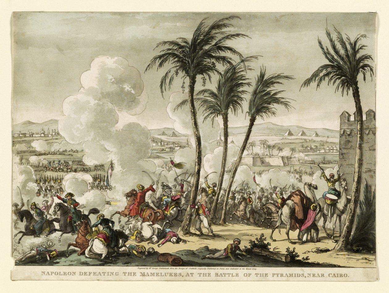 जॉर्ज क्रूइशांक (1769-1823) द्वारा उत्कीर्ण काहिरा के पास पिरामिडों की लड़ाई में नेपोलियन ने मामेलुकेस को हराया। 1823 (हाथ से सजी नक्काशी) द्वारा बर्नार्ड एडोर्ड स्वेबैक