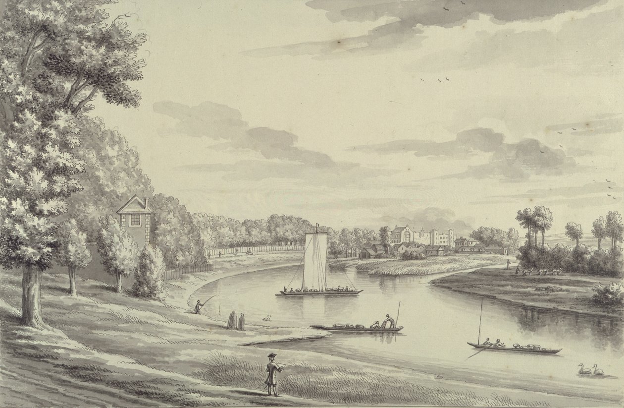 1731-33 की दूरी पर हैम्पटन कोर्ट फेरी और हैम्पटन चर्च का एक पश्चिम दृश्य, (कागज़ पर काली स्याही और धोना) द्वारा बर्नार्ड III लेंस