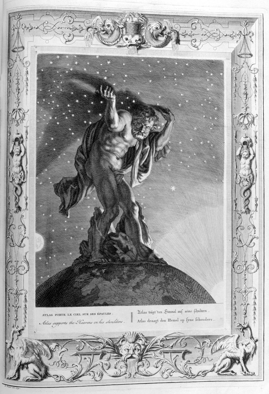 एटलस अपने कंधों पर स्वर्ग का समर्थन करता है, 1733 द्वारा बर्नार्ड पिकार्ट
