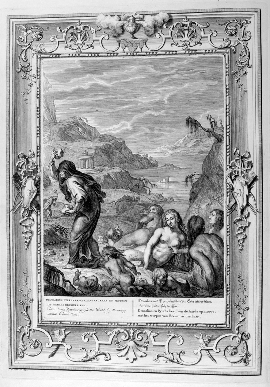 Deucalion और Pyrrha उनके पीछे पत्थर फेंककर दुनिया को रिप्रेजेंट करते हैं, 1733 द्वारा बर्नार्ड पिकार्ट