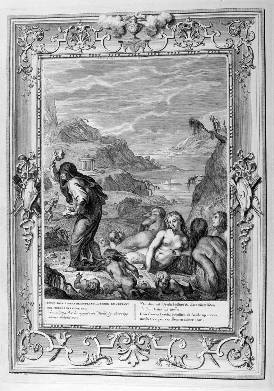 Deucalion अपनी पत्नी, Pyrrah (उत्कीर्णन) के साथ जलप्रलय से बच गया द्वारा बर्नार्ड पिकार्ट
