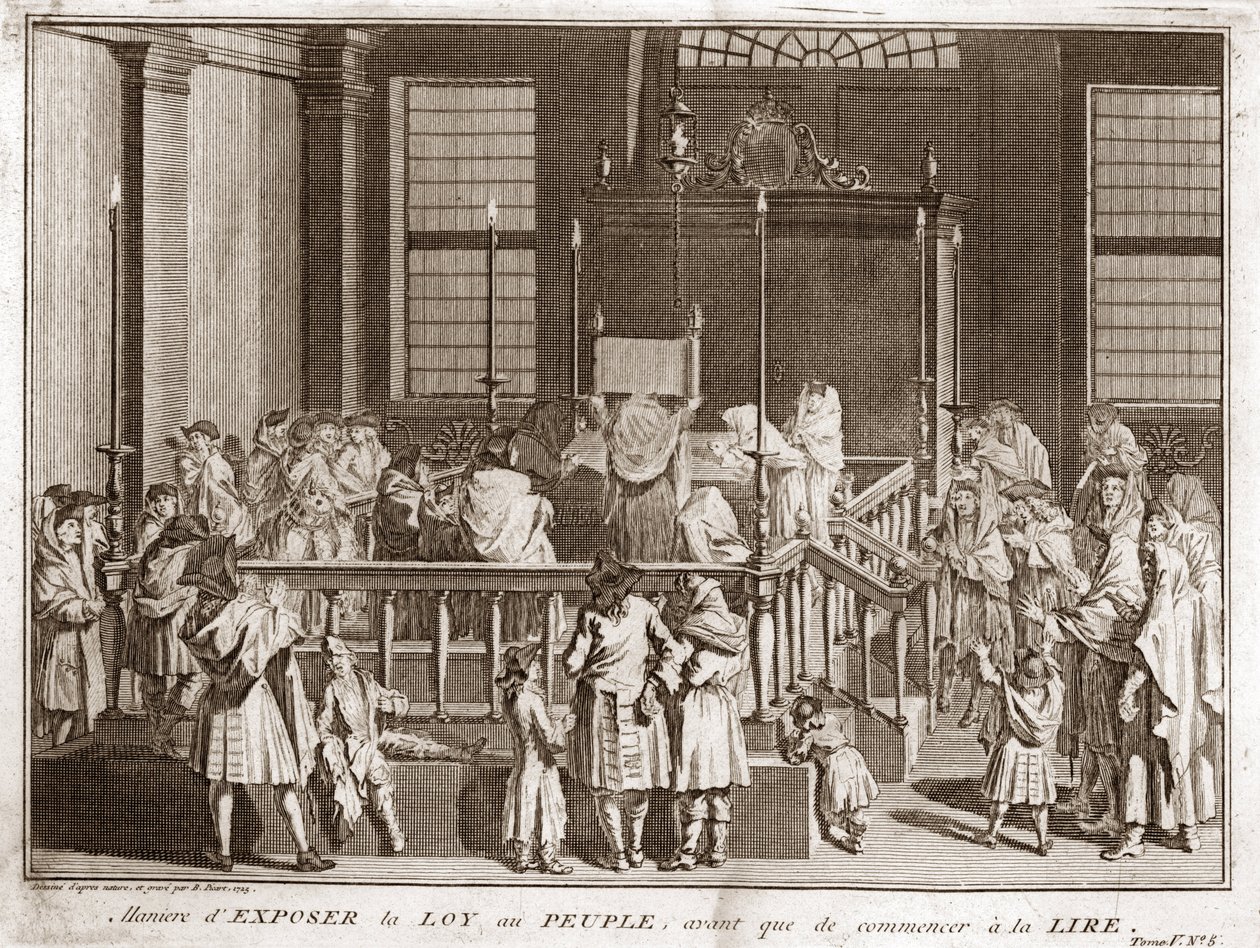 यहूदी धर्म: पढ़ने से पहले एक आराधनालय में टोरा का प्रदर्शन) बर्नार्ड पिकार्ट (1723-1743) 1819 निजी संग्रह द्वारा "" चित्रण डे सेरेमनी एट कस्टम्स रिलिजियस डे टूस लेस पीपल्स डू मोंडे" से उत्कीर्णन द्वारा बर्नार्ड पिकार्ट