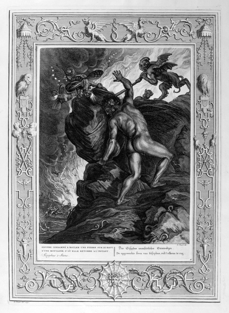 Sisyphus एक पहाड़ को अपने पत्थर को धकेलता है, 1733 द्वारा बर्नार्ड पिकार्ट