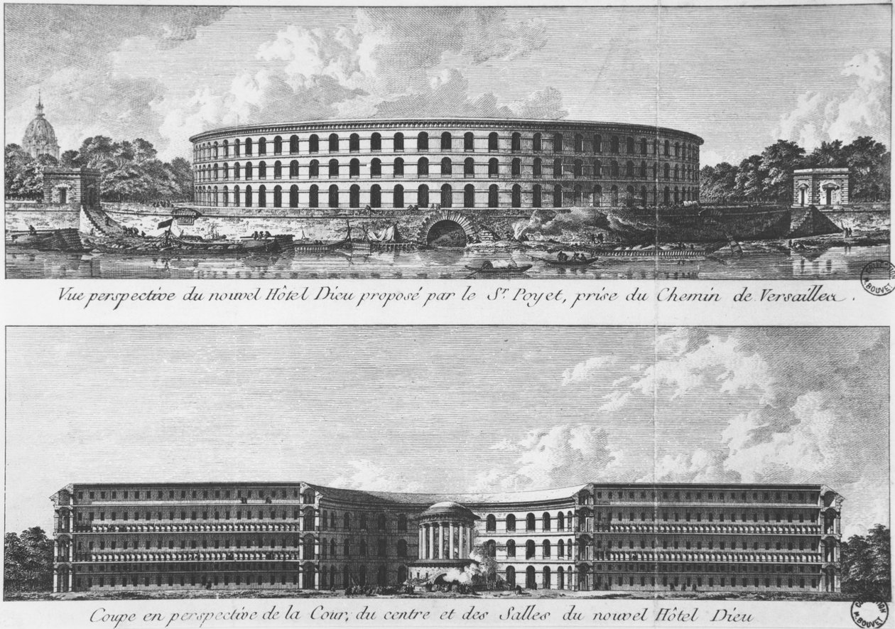 Ile aux Cygnes, Paris, c.1787 (bw photo) पर एक नए होटल-डीटू के स्थानांतरण के लिए परियोजना द्वारा बर्नार्ड पोयट